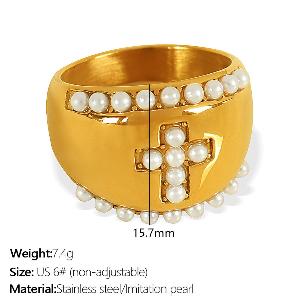 Anillos ajustables para mujer, serie simple, retro, de acero inoxidable, chapados en oro de 18 quilates, con perla artificial h5 
