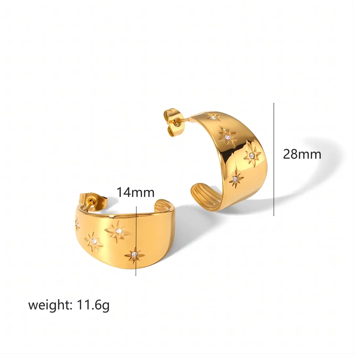 1 Paar exquisite und modische breite achtzackige Sternohrringe aus 18 Karat vergoldetem Edelstahl für Damen zum täglichen Tragen Bild2