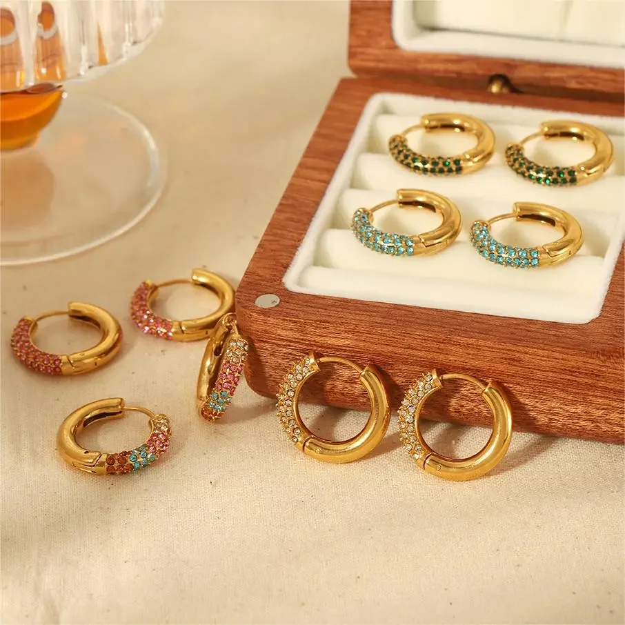 1 pair simple series sweet geometric stainless steel  gold plated rhinestone women hoop earrings 