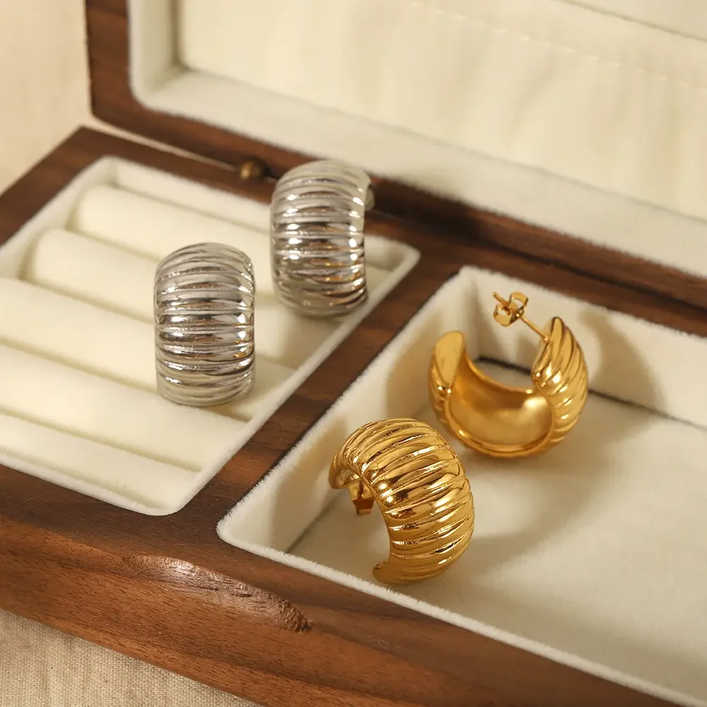 1 pair of punk fashion  gold plated stainless steel geometric stripe C-shaped earrings for women jewelry daily wear h5 