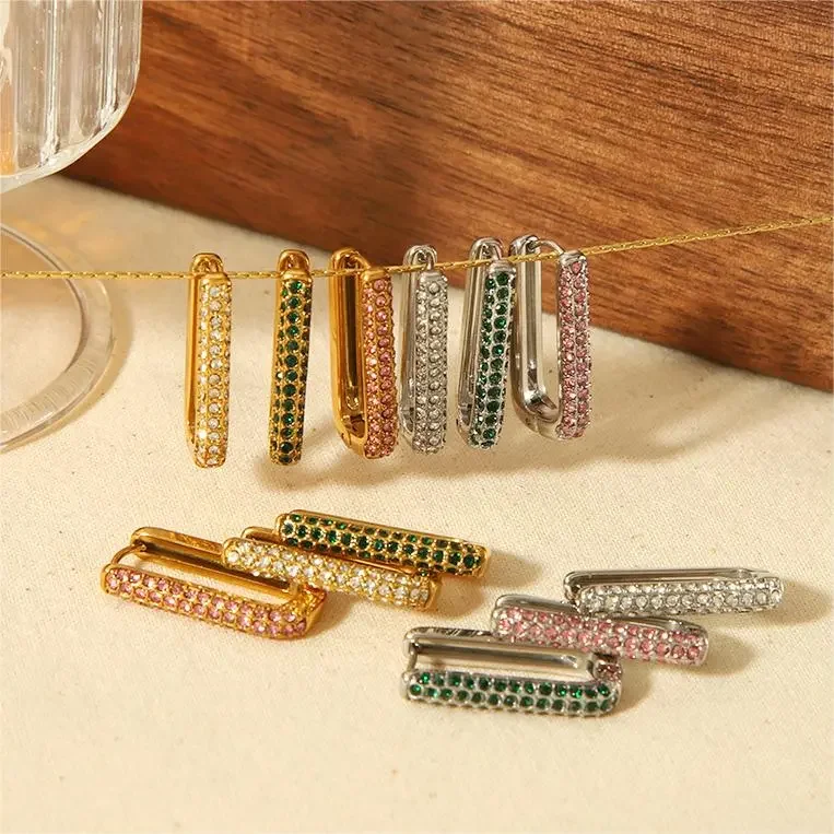 1 pair simple series classic geometric stainless steel gold plated rhinestone women hoop earrings