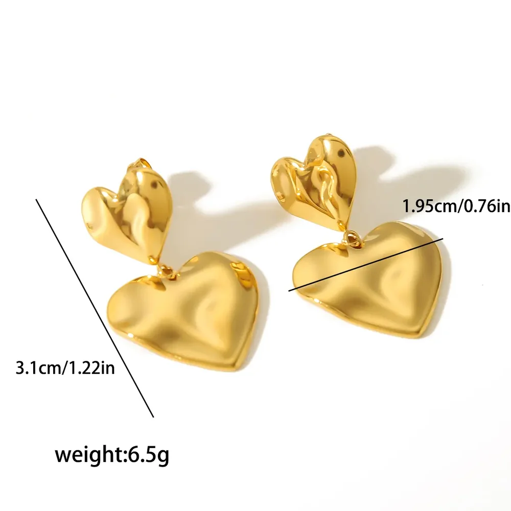 1 pair of exquisite and fashionable gold-plated stainless steel hammered double love pendant earrings for women's jewelry for daily wear Picture2