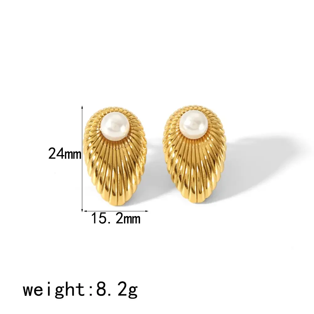 1 paire de boucles d'oreilles à tige en acier inoxydable plaqué or , élégantes et stylées, à rayures métalliques et perles, pour femmes, bijoux à porter au quotidien h5 Image2