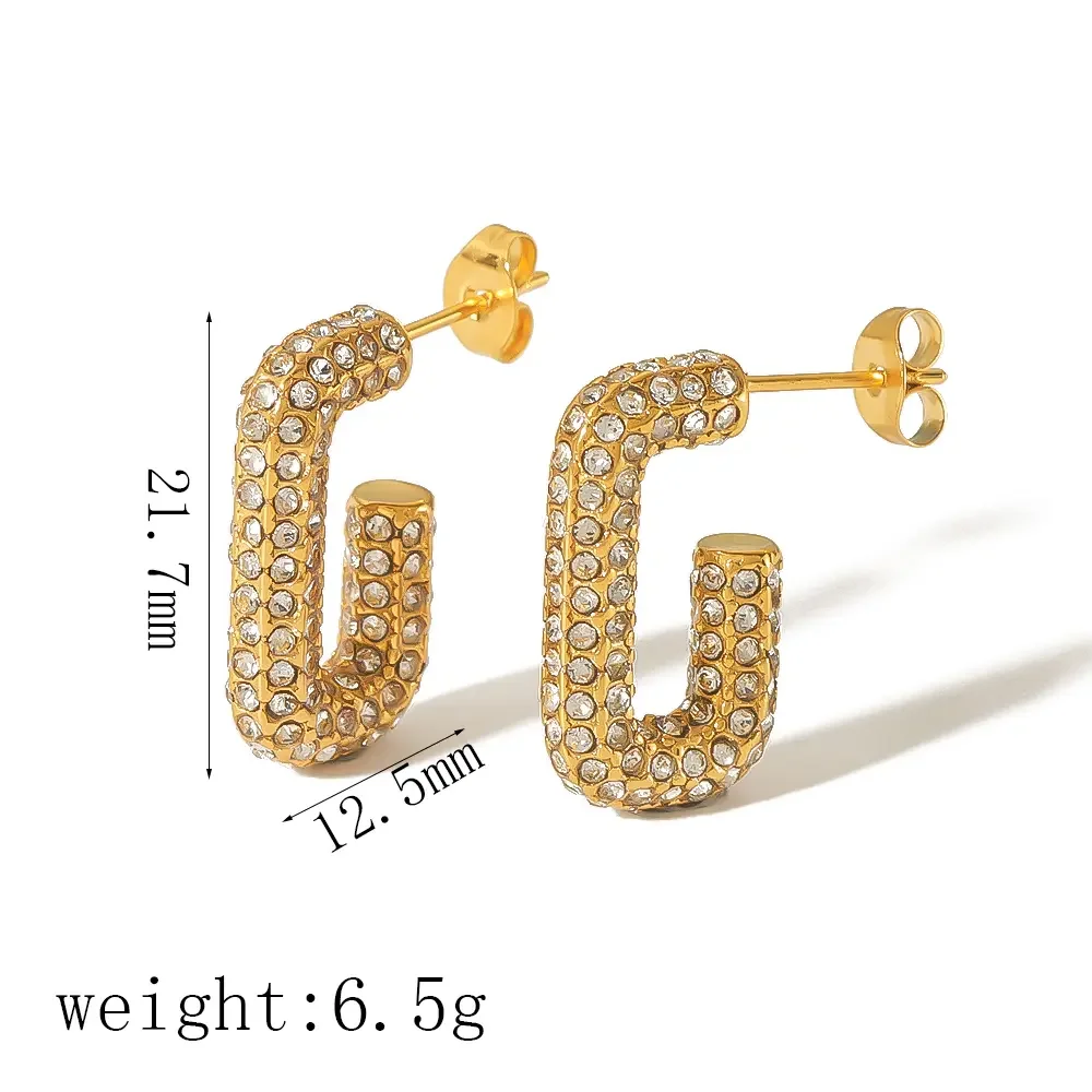 1 paire de boucles d'oreilles créoles rétro géométriques plaquées or  avec strass pour femme, série luxueuse h5 Image2