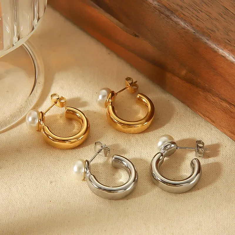 1 pair simple series sweet geometric stainless steel gold plated artificial pearl women stud earrings