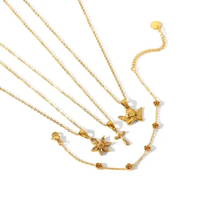 1 paire de colliers exquis et à la mode en acier inoxydable plaqué or avec pendentif en forme de croix d'ange et de fleur pour bijoux pour femmes à porter au quotidien h5