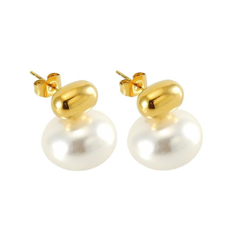 1 pair luxurious retro style solid color stainless steel gold plated inlay artificial pearl women's stud earrings h5