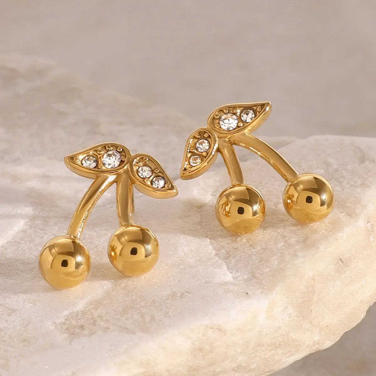 1 pair simple series sweet plant stainless steel  gold plated zircon women stud earrings 