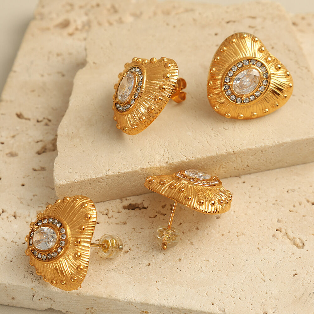 1 paire de boucles d'oreilles à tige en acier inoxydable plaqué or  avec zircons pour femme, style rétro, série classique h5 