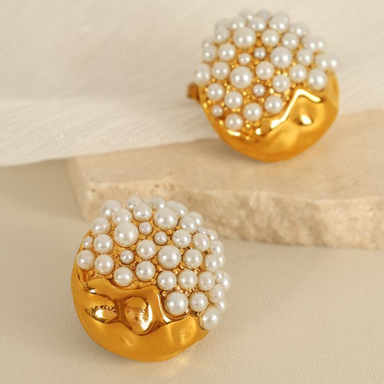 1 paire de boucles d'oreilles à tige géométriques rétro en acier inoxydable plaqué or  avec strass pour femme, série luxueuse h5 