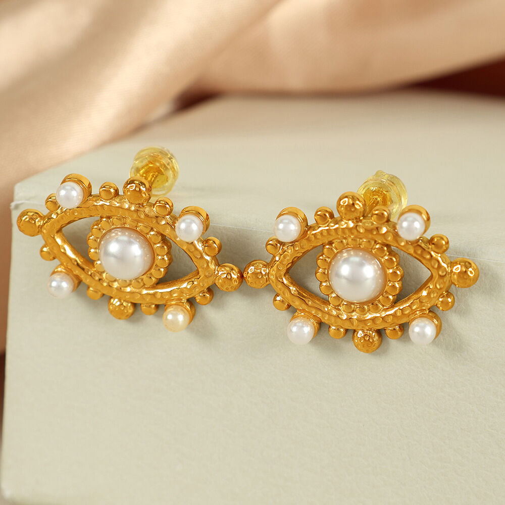 1 paire de boucles d'oreilles à tige simples en acier inoxydable plaqué or  avec perles artificielles pour femme 