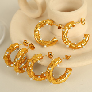 1 Pair Luxurious Series Retro Geometric Stainless Steel Gold Plated Rhinestone Women Stud Earrings h5 Picture2