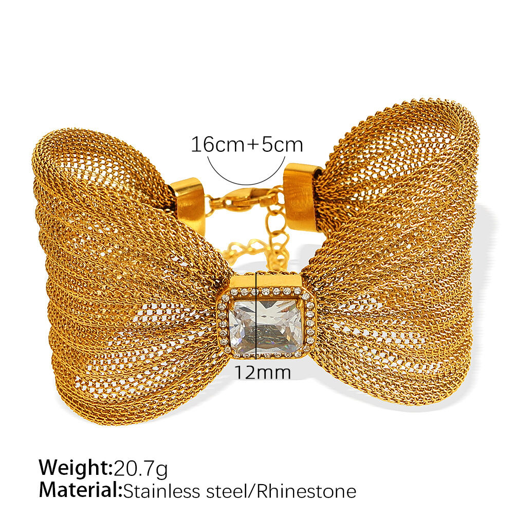 Pulseras de acero inoxidable chapadas en oro de 18 quilates con circonitas y lazo retro de la serie clásica para mujer. h5 
