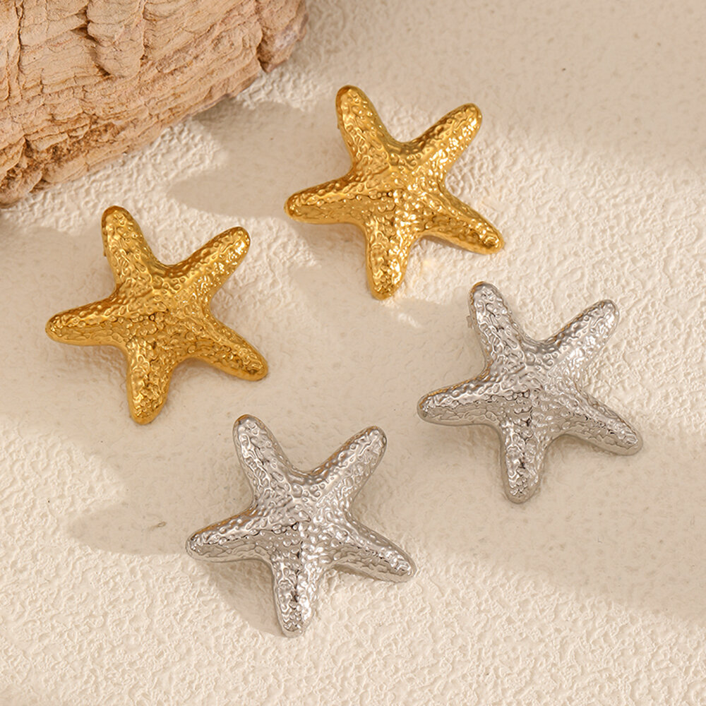 Hammered Texture Starfish Stainless Steel Waterproof Gold Color Women's Stud Earrings Picture3