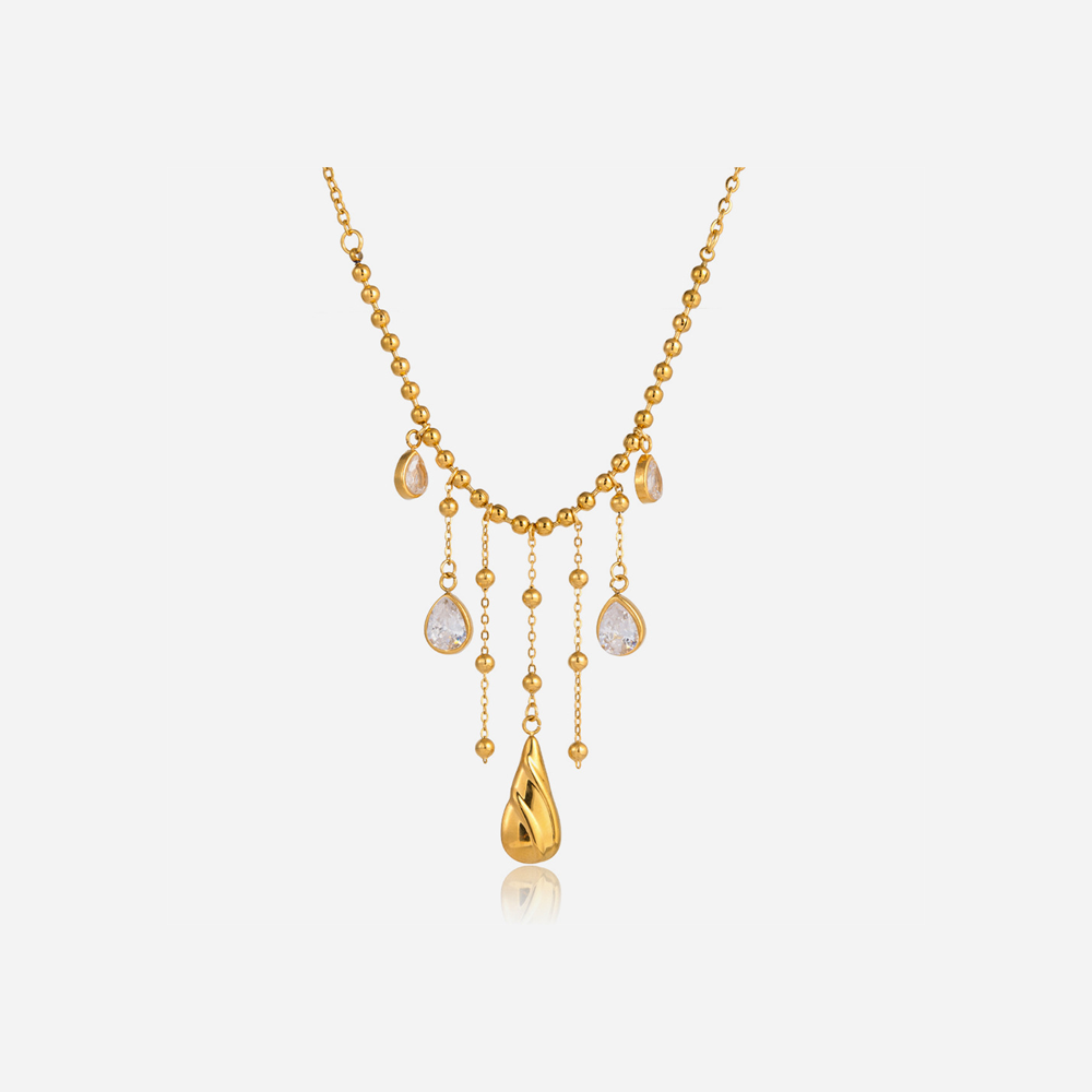 Glamorous Droplet Tassel Stainless Steel Waterproof Gold Color Zircon Women's Pendant Necklaces