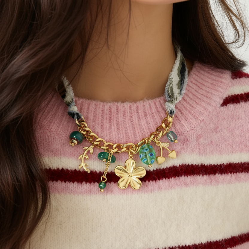 Collar con colgante de flor de cerezo en acero inoxidable, resistente al agua, color dorado h5Imagen2
