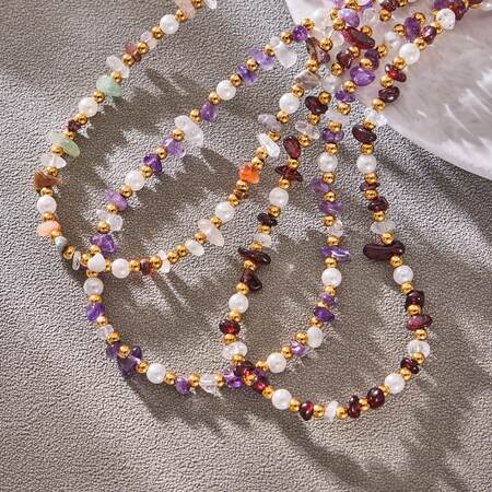 Natural Stone Beads Stainless Steel Gold Color Women's Beaded Necklaces