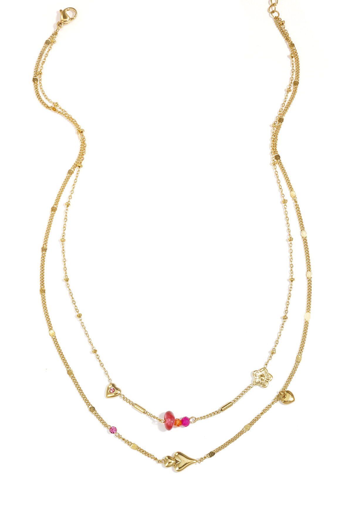 Double necklace with hearts, beads and flowers 