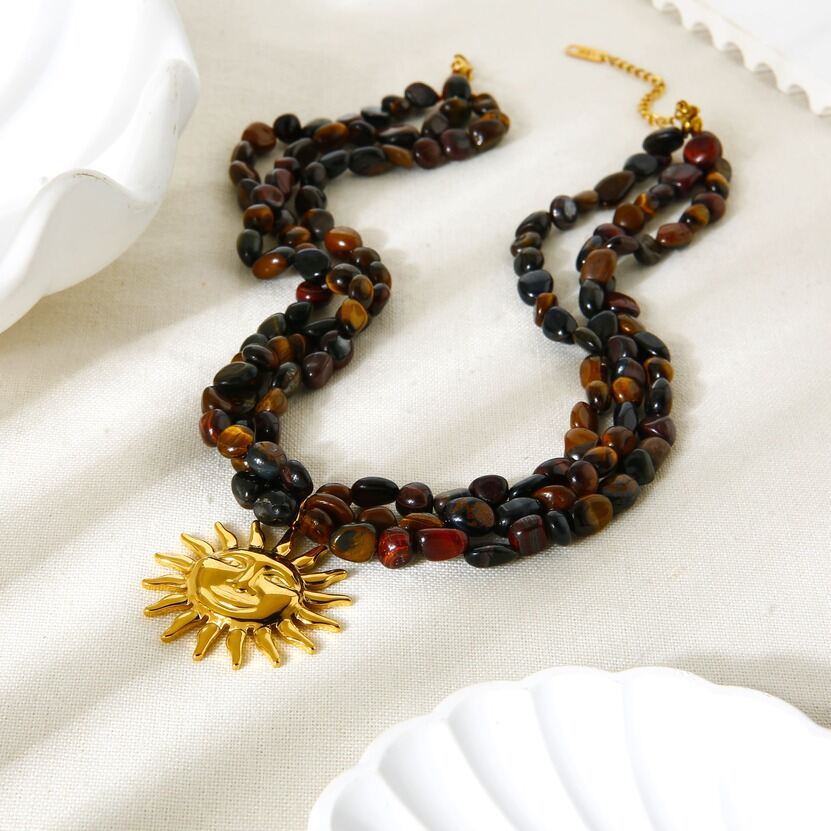 1 Piece Natural Stones Gold Color Sun Shape Beaded Necklace h5 Picture2