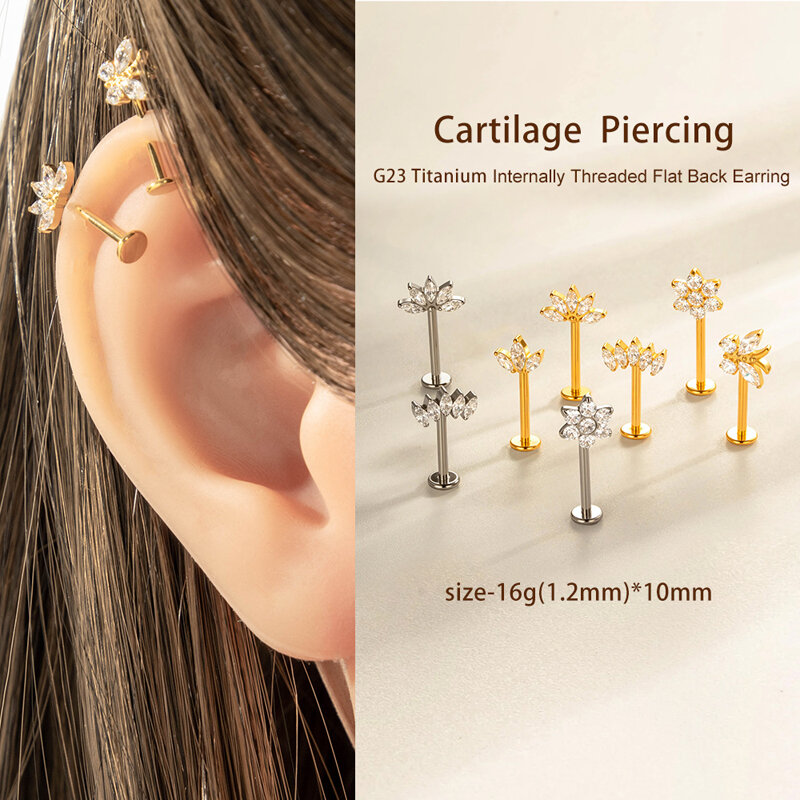 1 Piece Flower Titanium Alloy Gold Color Zircon Piercing Earring Picture4