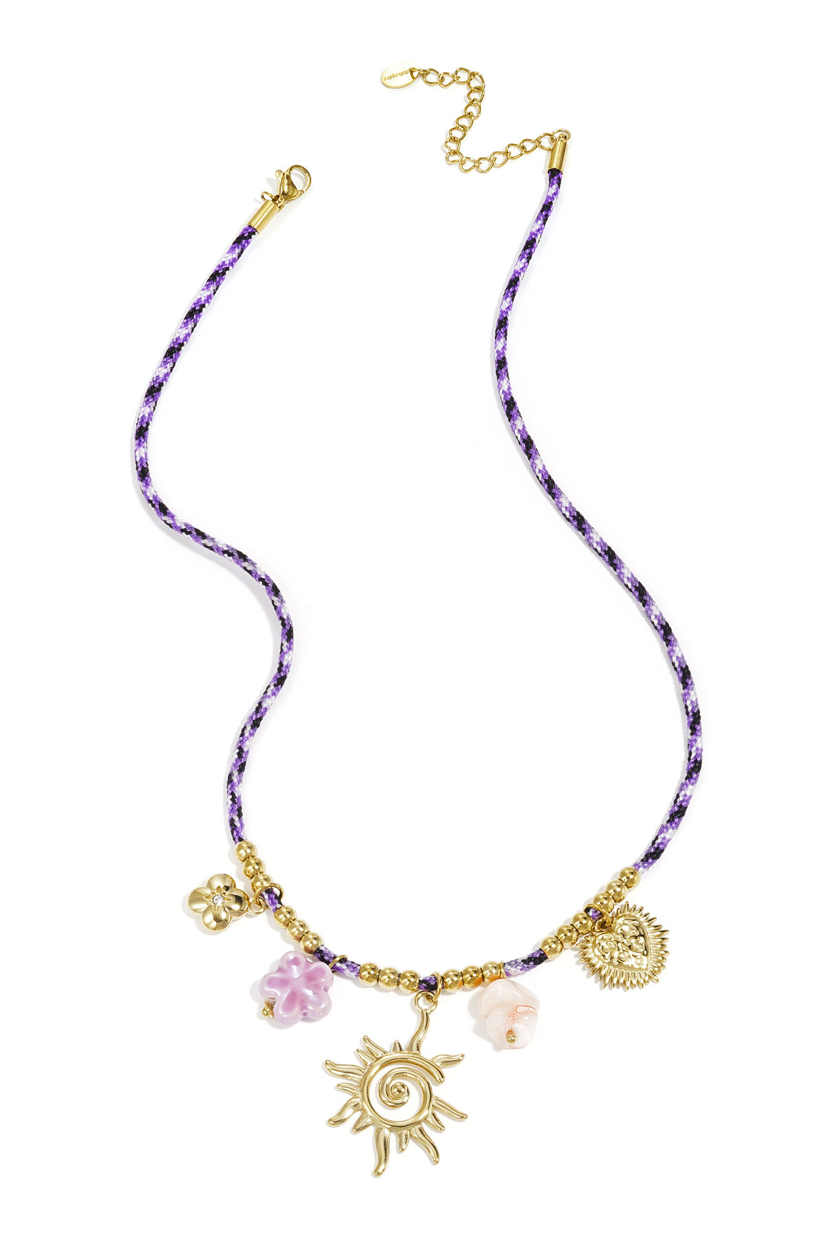 Colorful cord necklace with varying pendants purple 2