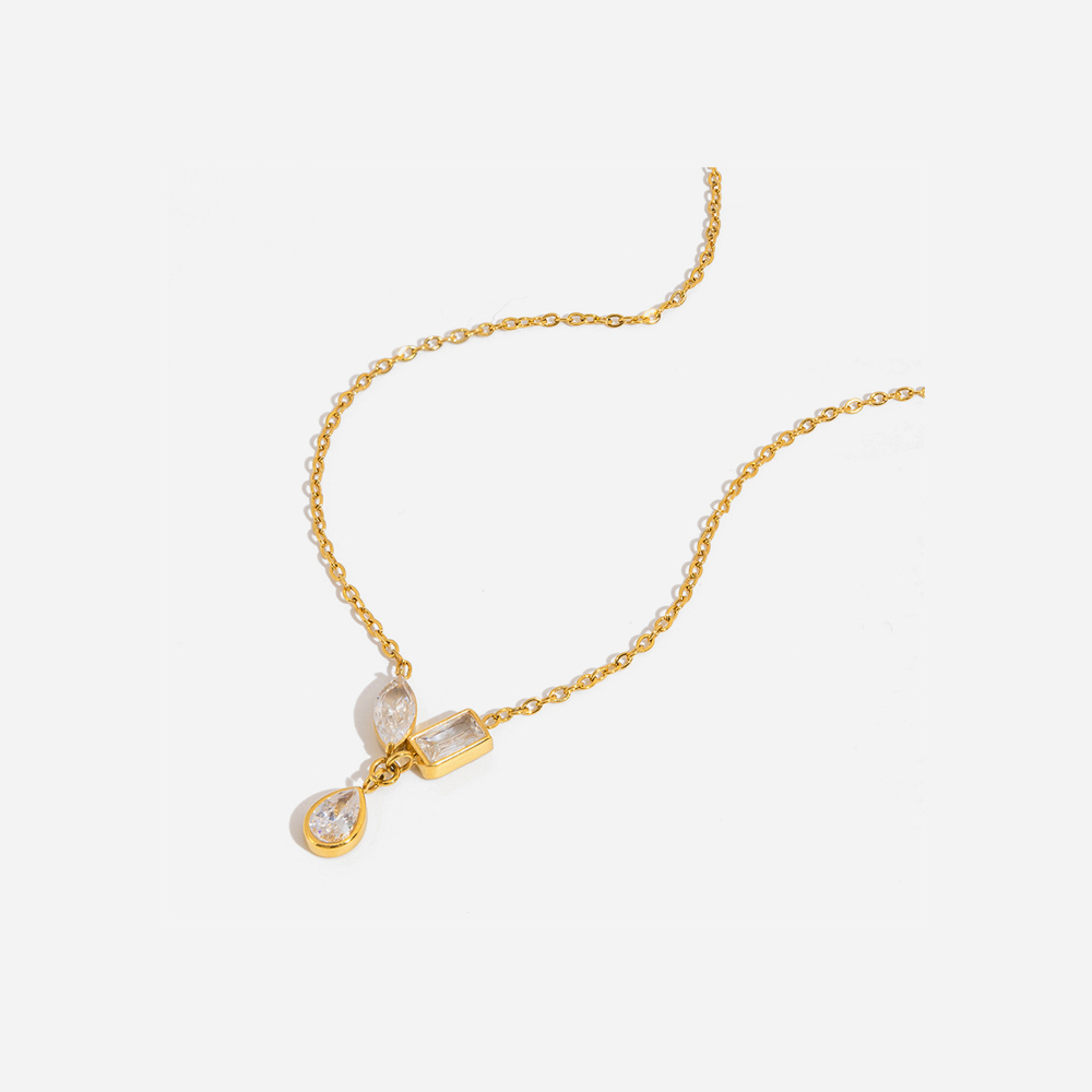 Crafted Droplet Stainless Steel Waterproof Gold Color Zircon Women's Pendant Necklaces