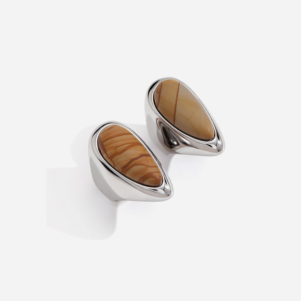 Casual Textured Natural Stone Droplet Stainless Steel Waterproof Silver Color Statement Rings