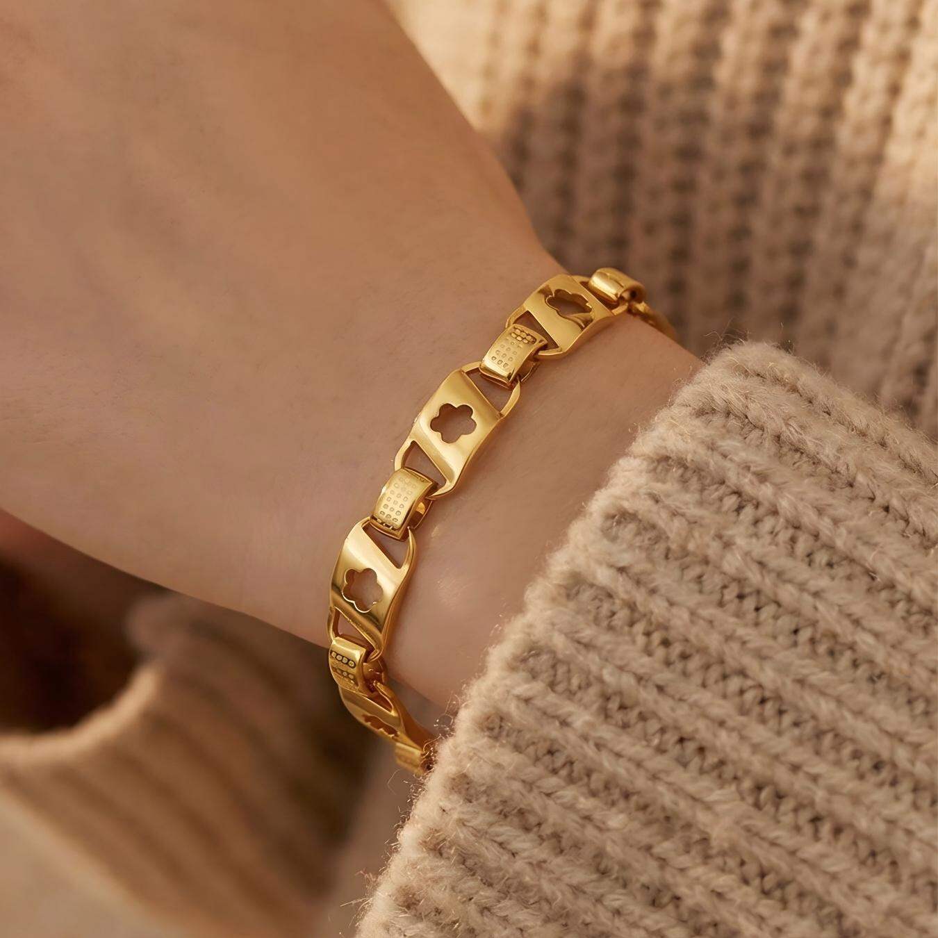 Braccialetti a catena da donna in acciaio inossidabile color oro con motivo floreale traforato