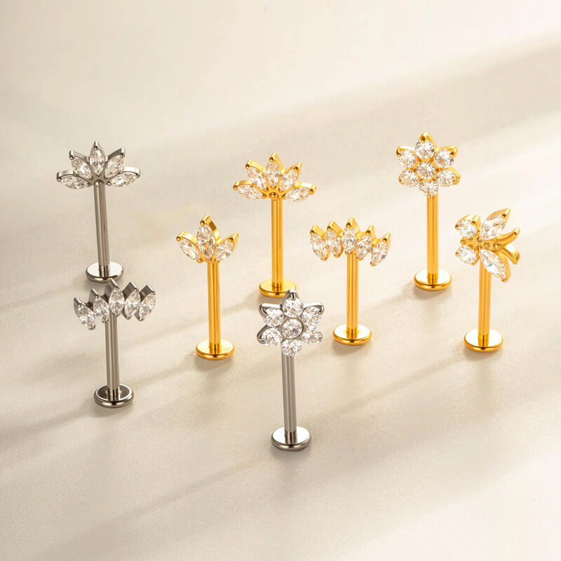 1 Piece Flower Titanium Alloy Gold Color Zircon Piercing Earring