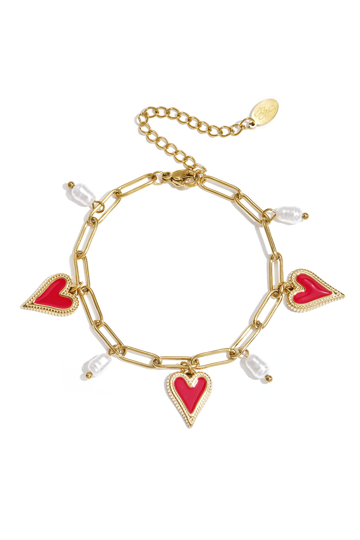 Link bracelet with pearls and heart charms h5