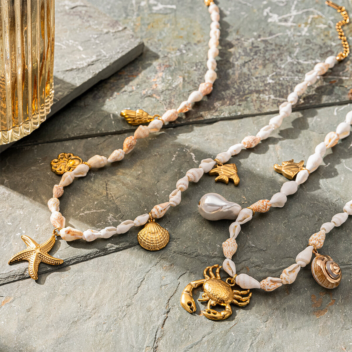 1 Piece Stainless Steel Waterproof Gold Color Shell Beaded Necklaces Picture3