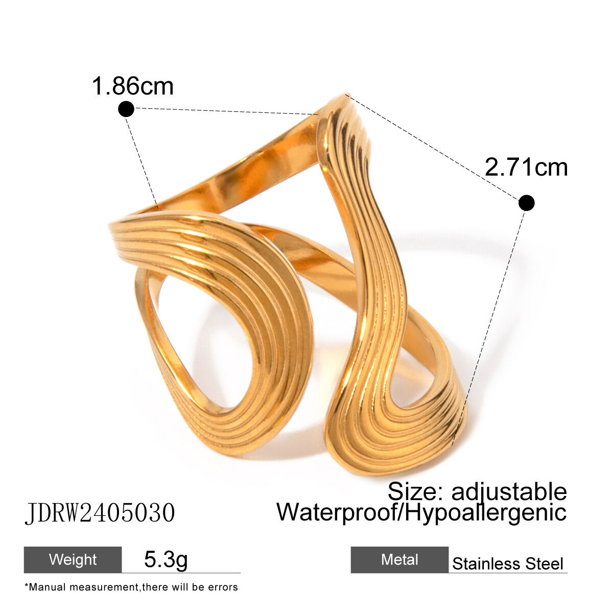 anello aperto in acciaio inossidabile filettato in oro 18k transfrontaliero, forma speciale, anello in acciaio al titanio irregolare,  della moda sudamericana Immagine2