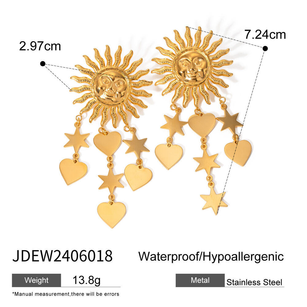 1 paire de boucles d'oreilles pendantes rétro soleil/lune en acier inoxydable plaqué or pour femme h5Image2
