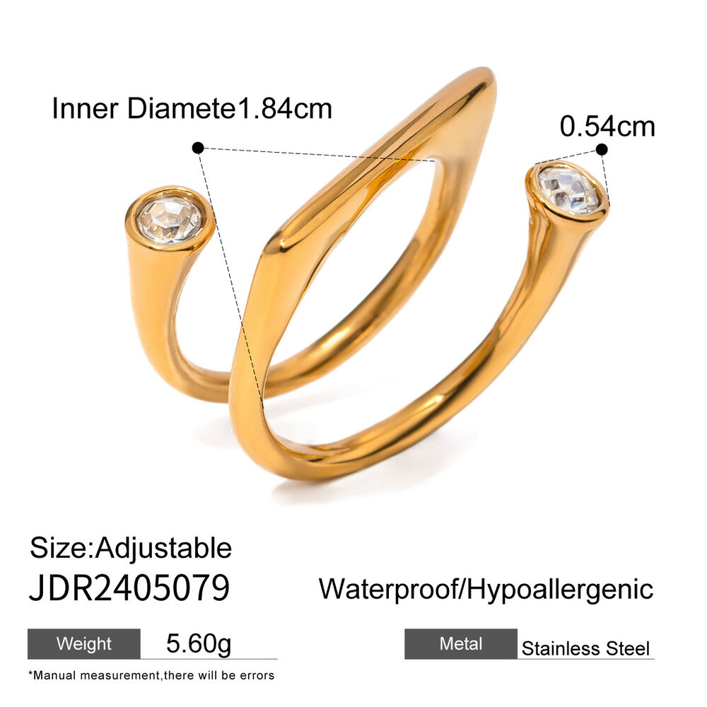 1 Stück geometrischer, wasserdichter, vergoldeter Damenring aus Edelstahl mit Strasssteinen, verstellbar Bild2