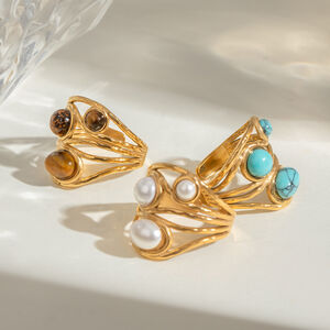 1 pair classic retro style geometric stainless steel gold plated inlay artificial gemstone women's adjustable rings h5