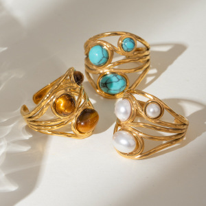 1 Pair Classic Retro Style Geometric Stainless Steel Gold Plated Inlay Artificial Gemstone Women's Adjustable Rings h5 Picture2