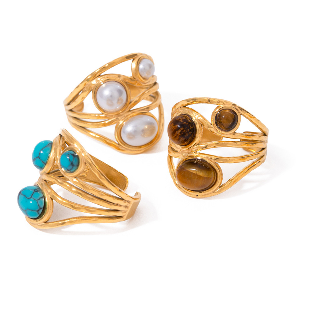 1 Pair Classic Retro Style Geometric Stainless Steel Gold Plated Inlay Artificial Gemstone Women's Adjustable Rings h5Picture4