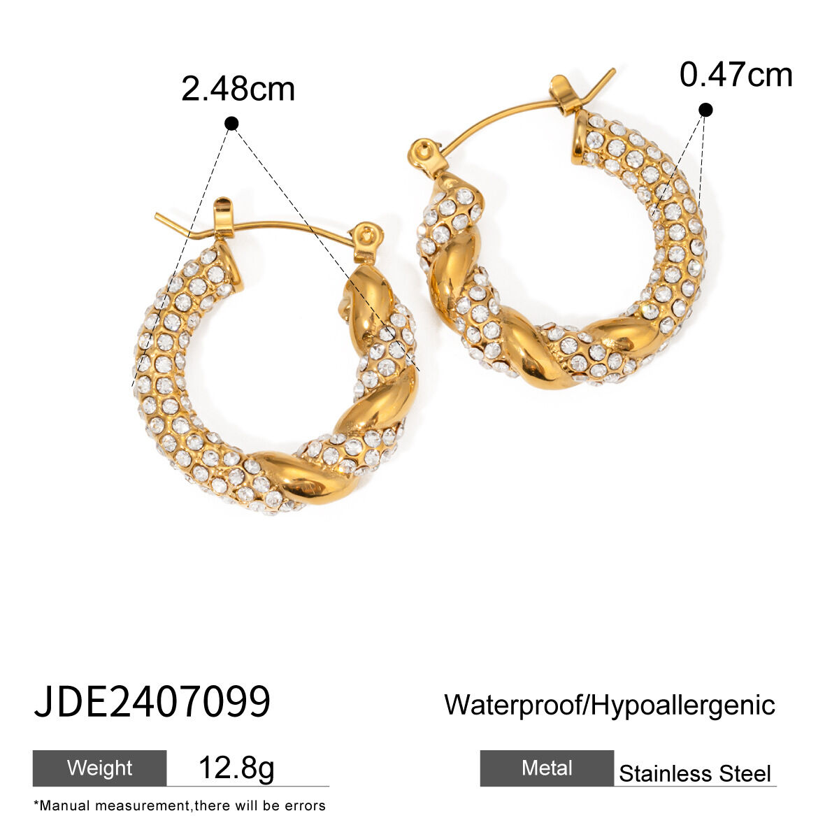 1 paire de boucles d'oreilles créoles torsadées classiques en acier inoxydable plaqué or  avec strass pour femme Image2