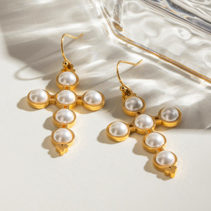1 Pair Simple Series Retro Cross Stainless Steel Gold Plated Artificial Pearl Women Earrings Set h5 Picture3