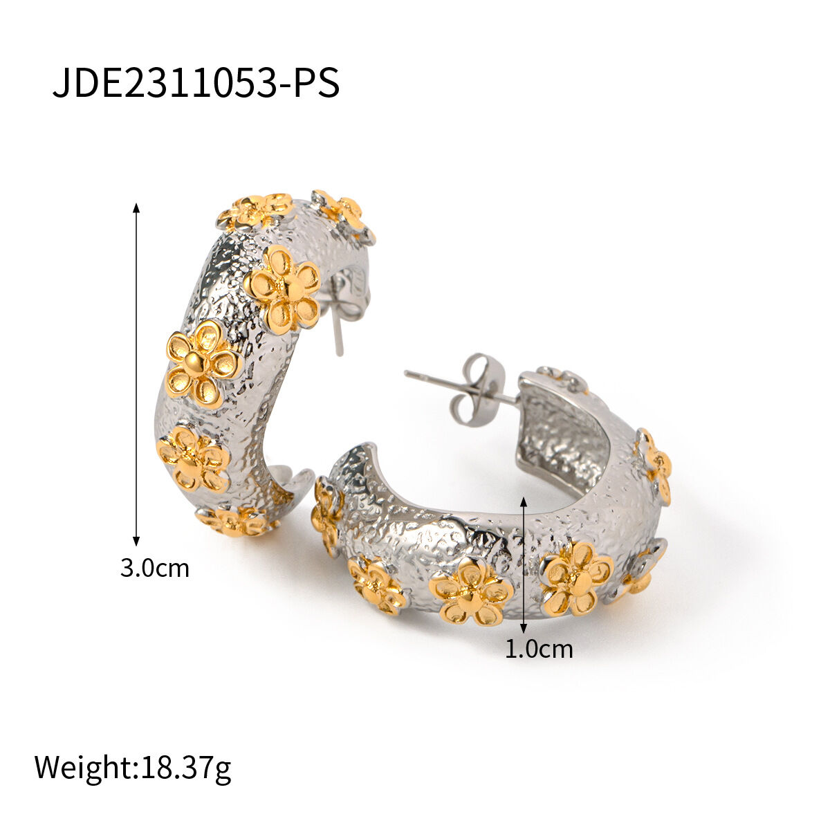 1 paio di orecchini a cerchio da donna in acciaio inossidabile placcato oro , serie classica, con fiore retrò Immagine2