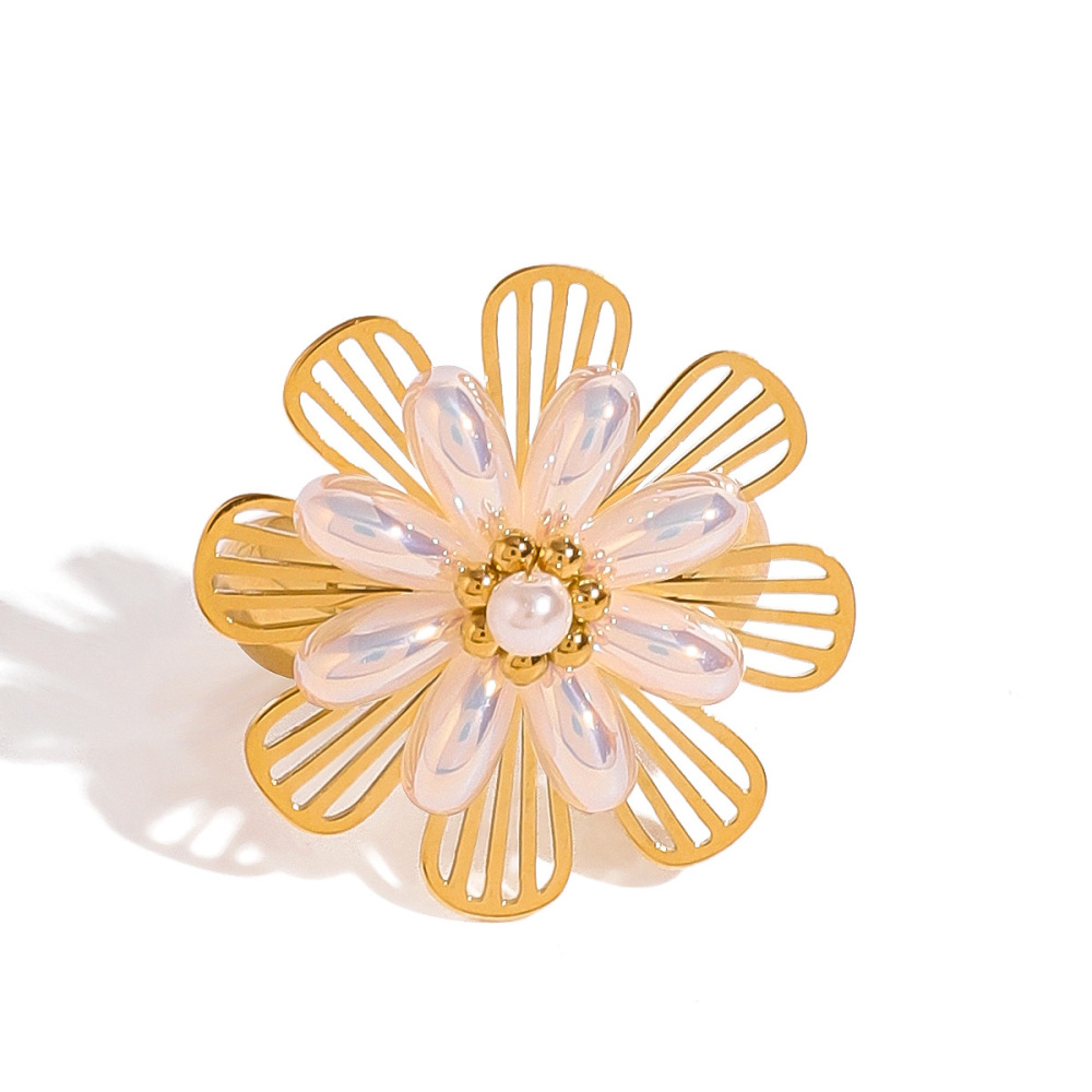 1 Pair Classic Series Retro Flower Stainless Steel Gold Plated Artificial Pearl Women Adjustable Rings Picture4
