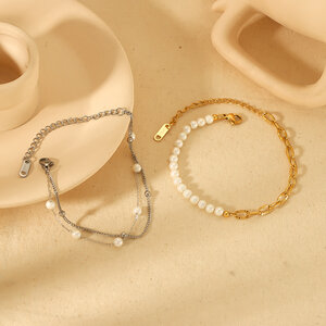 1 piece of exquisite and elegant gold-plated stainless steel double-layer pearl chain bracelet for women's jewelry for daily wear h5