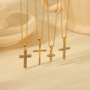 1 piece of simple and stylish gold-plated stainless steel cross diamond pendant necklace for women's jewelry for daily wear h5