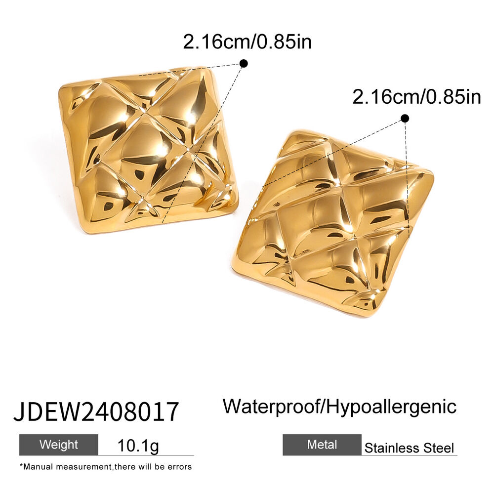 1 paio di orecchini a bottone retrò a forma quadrata in acciaio inossidabile color oro impermeabili h5Immagine2