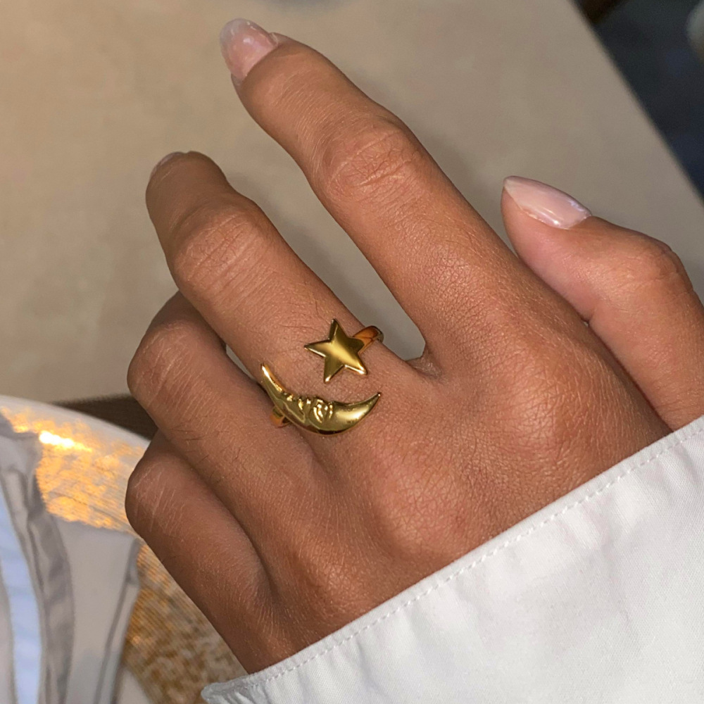 1 Paio Di Anelli Semplici Casual Da Donna In Acciaio Inossidabile Placcato Oro , Con Sole/Luna, Regolabili h5Immagine3
