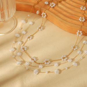 1 Pair 1 Piece Exquisite Fashion Gold-Plated Stainless Steel Pearl Flower Shell Necklace Women's Jewelry Daily Wear Women Chain Necklaces h5 Picture2