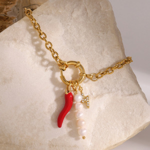 1 Piece Simple Casual Style Chili Pepper Shape Stainless Steel  Gold Plated Inlay Artificial Pearl Women's Charm Bracelet h5 Picture2