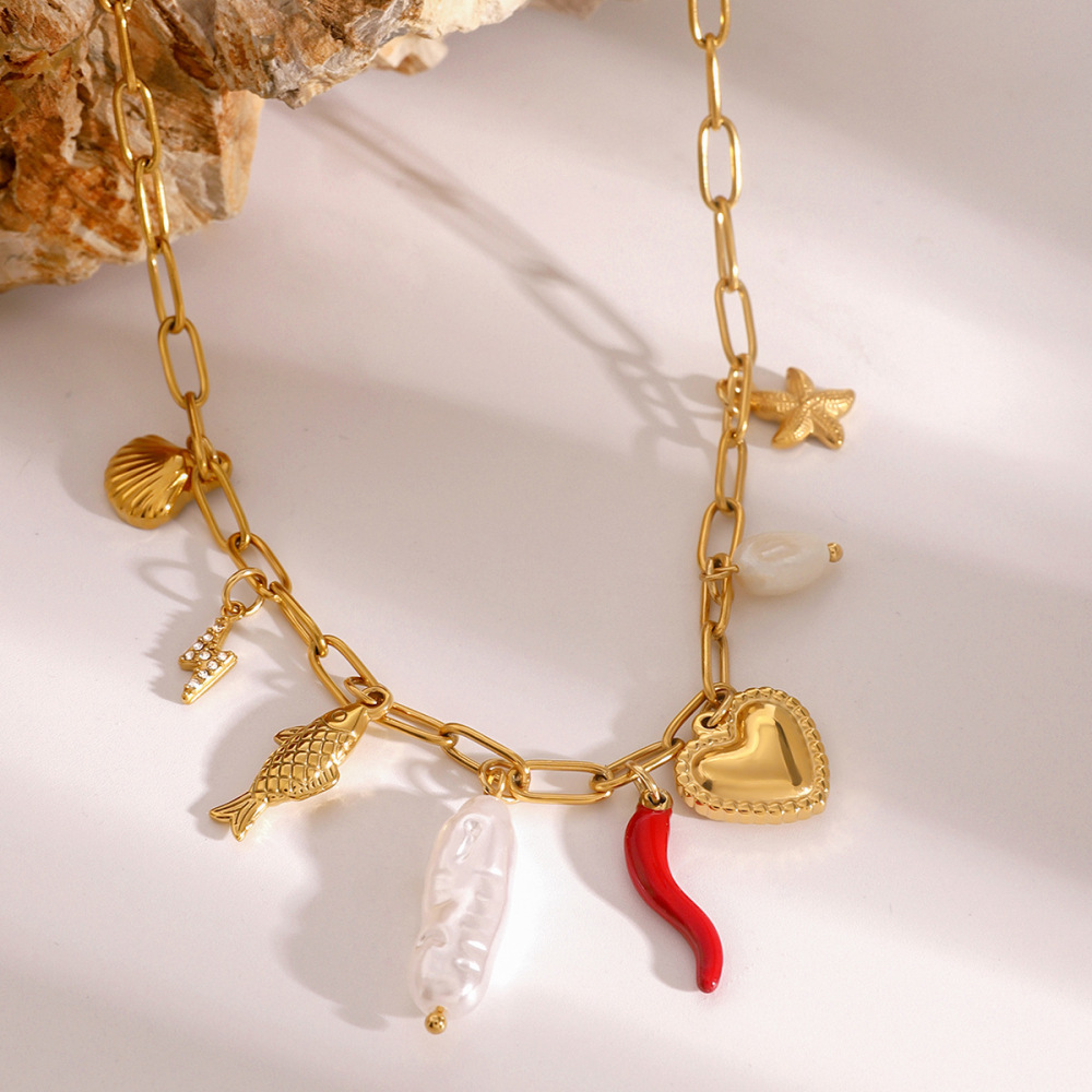 1 Piece Simple Vacation Style Marine Creature Shape Stainless Steel Gold Plated Inlay Artificial Pearl Women's Pendant Necklace Picture2