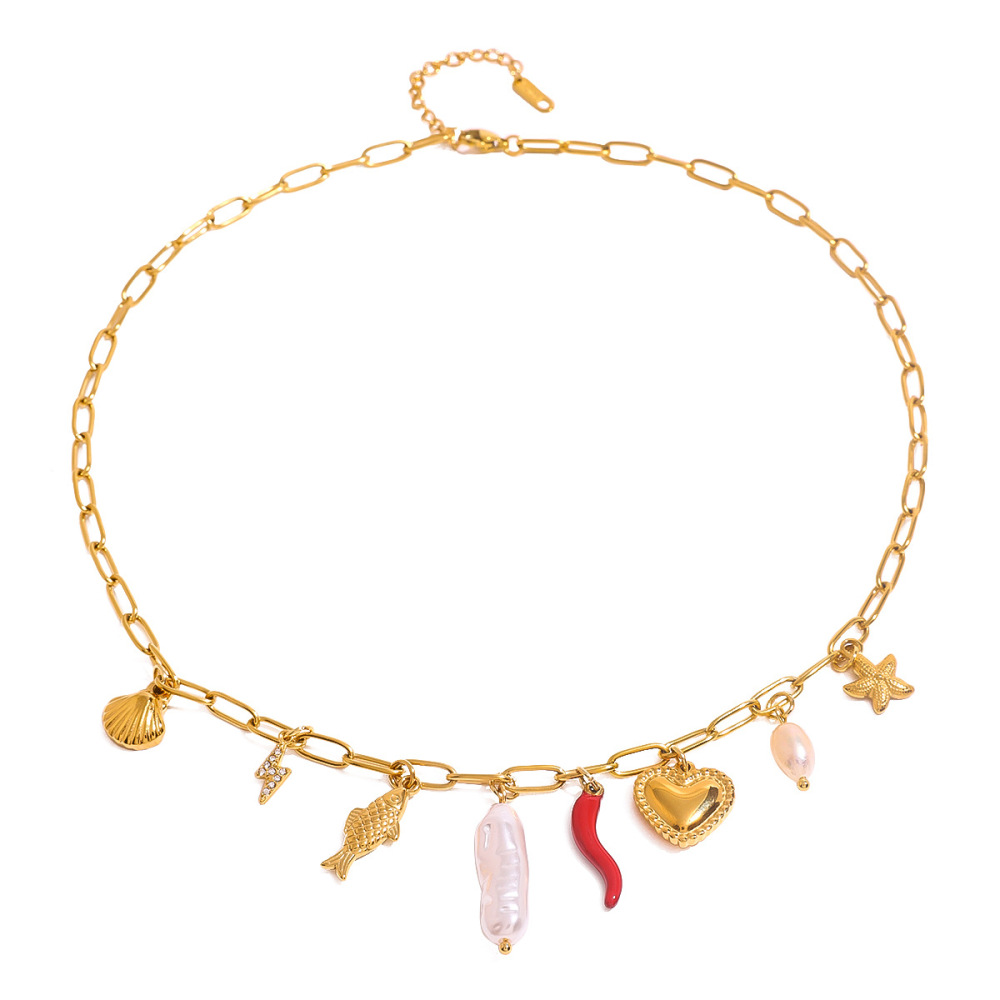 1 Piece Simple Vacation Style Marine Creature Shape Stainless Steel Gold Plated Inlay Artificial Pearl Women's Pendant Necklace Picture4