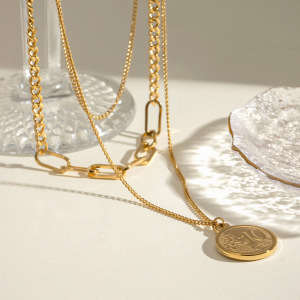 1 Piece Simple Series Classic Engraved Stainless Steel Gold Plated Women Layered Necklaces h5 Picture3
